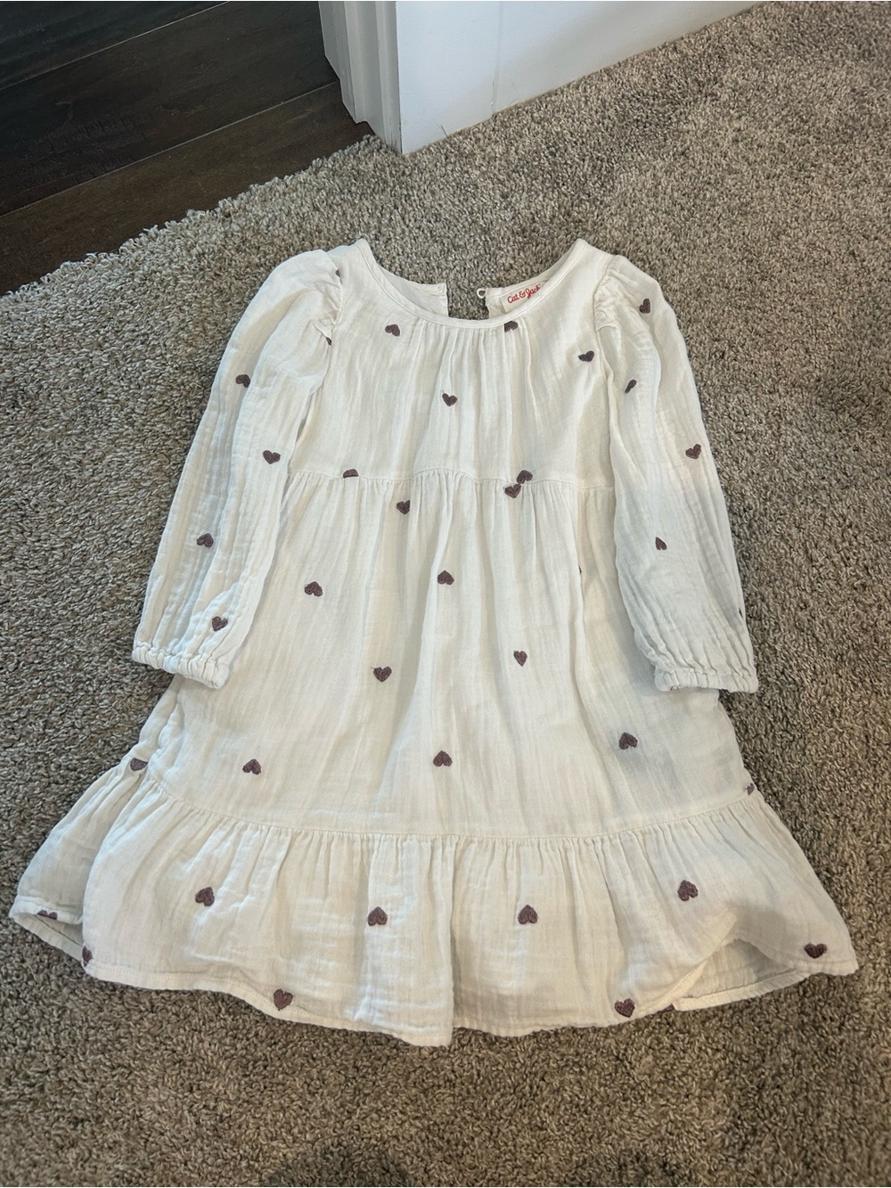 Cream Long-Sleeve Dress with Brown Heart Embroidery